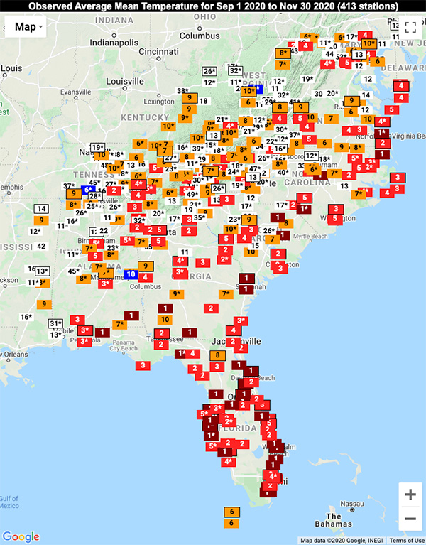 Map of Southeast U.S. showing observed average mean temperature from September 1 to November 30, 2020