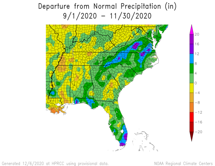 A look at precipitation departures from normal across the Southeast in October. High Plains RCC.