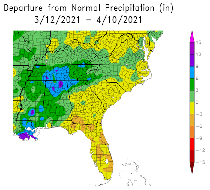 Precipitation departure from normal across the Southeast U.S. from March 12 to April 10, 2021. Most of FL and parts of southern GA, and southeastern SC and NC saw below-normal precipitation. AL and northern GA saw the greatest above-normal precipitation conditions 