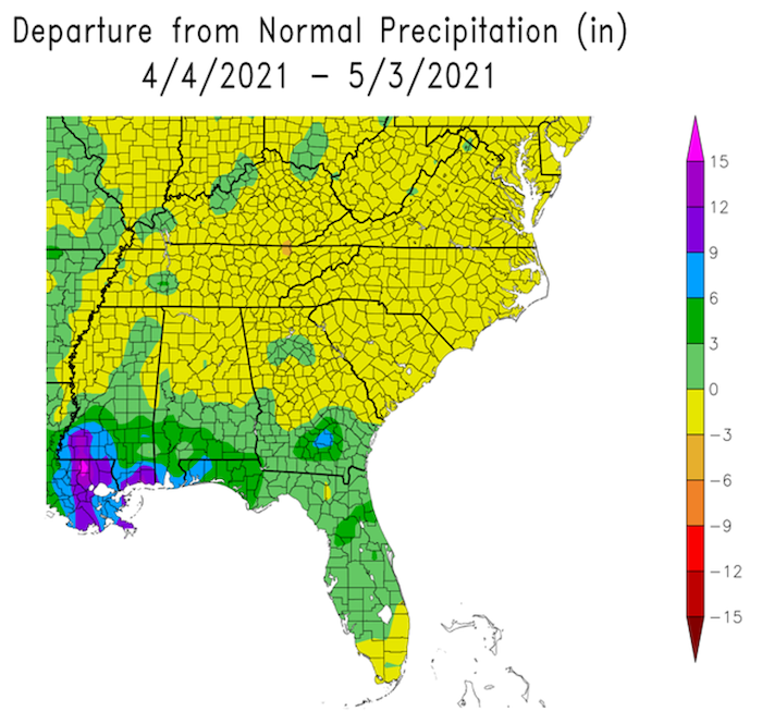 Precipitation departures from normal across the Southeast from April 4 to May 3, 2021. April precipitation was slightly below average to the north and slightly above average to the south of the region.