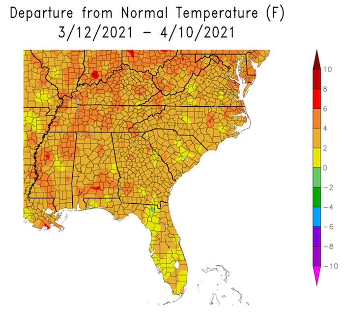 Departure from normal temperature across the Southeast U.S. from March 12 to April 10, 2021. Temperatures were above normal across the Southeast.