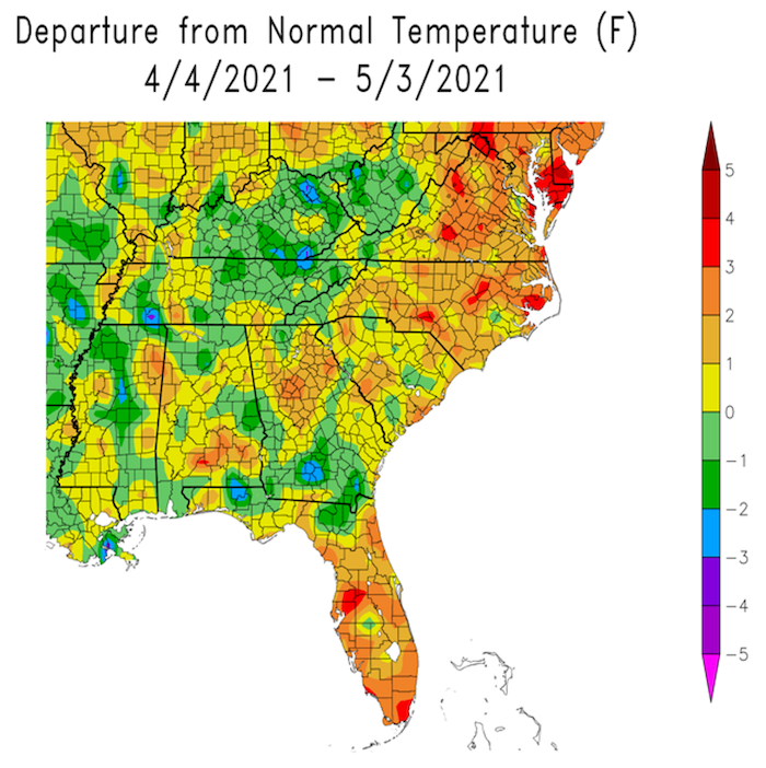 Departure from normal temperature across the Southeast U.S. from April 4 to May 3, 2021. Temperatures were near average across the Southeast, with pockets of above-average conditions.