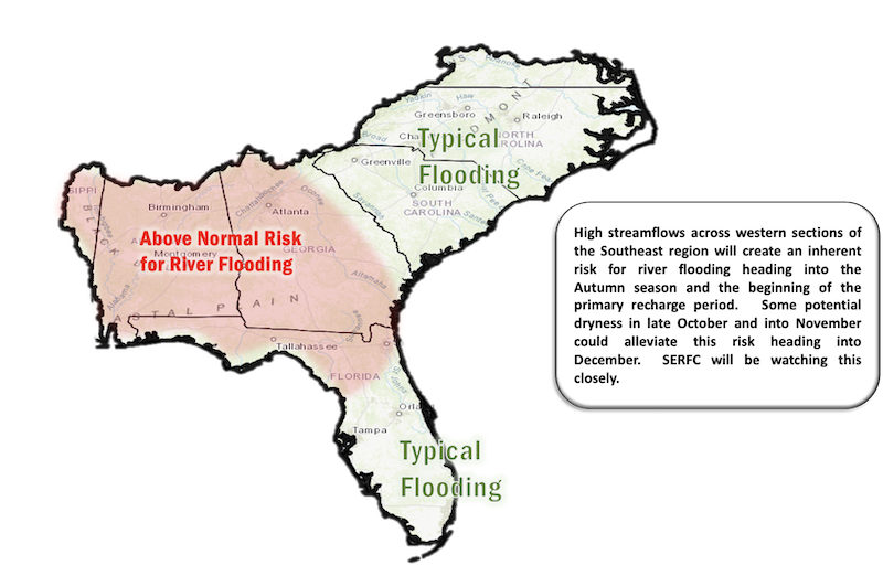 October to December 2021 flood outlook for the Southeast U.S.  High streamflows across western portions of the Southeast will create a risk for river flooding heading into the Autumn. Potential dryness in late Oct. into Nov. could alleviate this risk heading into December.