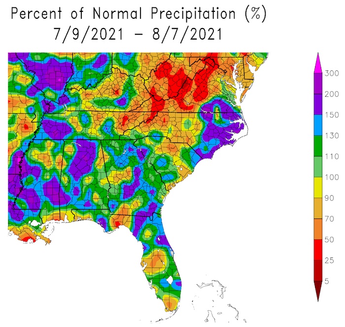 Percent of normal precipitation for the Southeast U.S. from July 10 to August 8, 2021. Precipitation was variable across the region during this period.