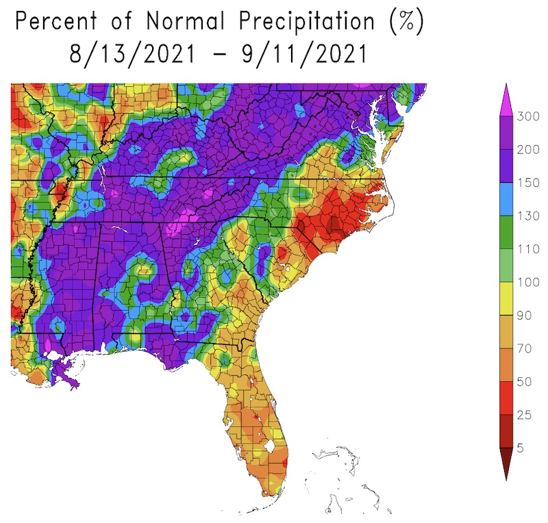 Percent of normal precipitation for the Southeast U.S. from August 13 to September 11, 2021. Precipitation was variable across the region during this period.