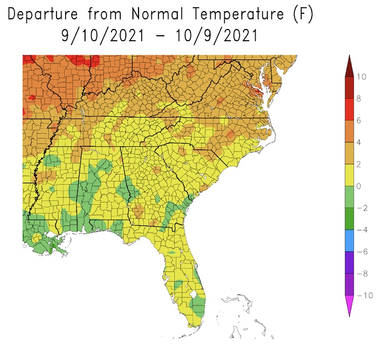 Temperature departures from normal across the Southeast from September 10 to October 9, 2021. Temperatures were above average for Virginia, North Carolina, and Puerto Rico, near average for the rest of the Southeast region.