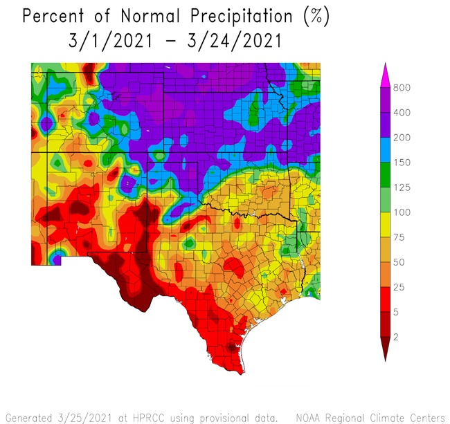 30-day percent of normal precipitation for the Southern Plains. Valid March 24, 2021.