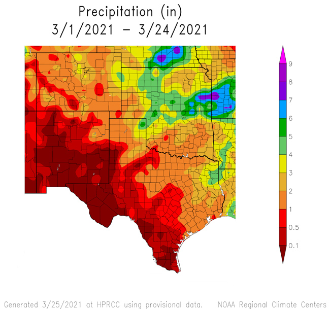 30-day precipitation totals (in inches) for the Southern Plains as of March 24, 2021.