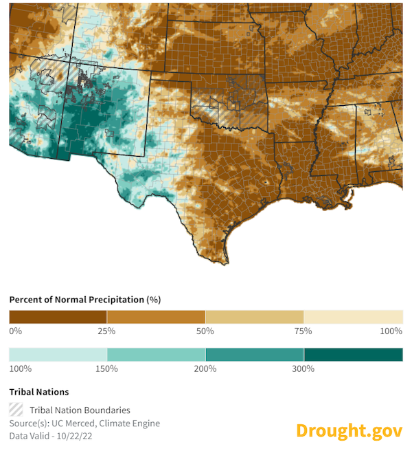 Much of the region, including northern Texas, Oklahoma, north eastern New Mexico and southeastern Kansas, has received less than 25% of normal precipitation over the last 30 days.