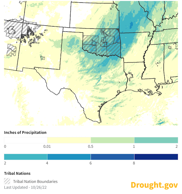 From October 24-26, parts of Oklahoma, northern Texas, northwest Arkansas and southwest Missouri accumulated between 1 and 4 inches.