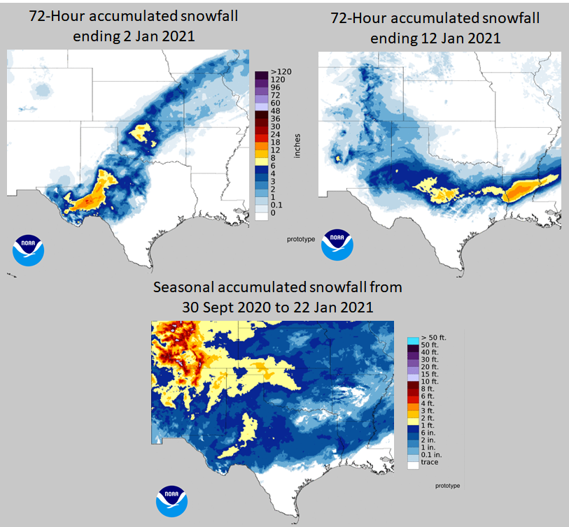 Single-storm snow totals within the last 4 weeks (top maps), and seasonal snow totals for winter-to-date (bottom map) for the Southern Plains