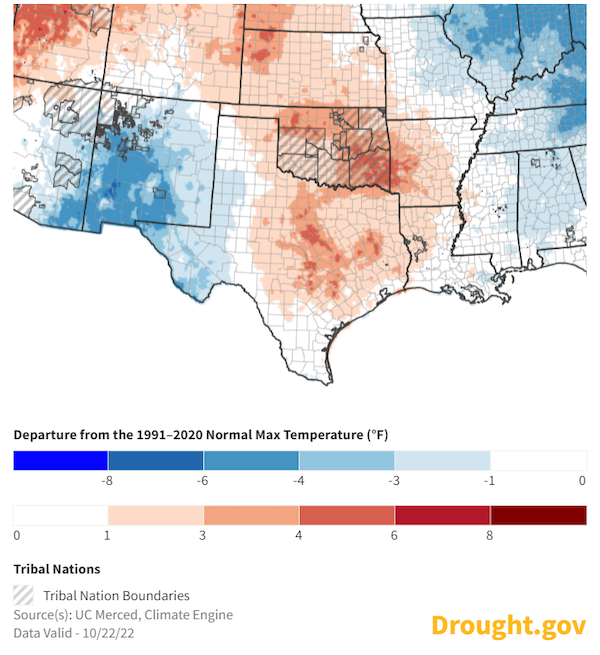 Much of the Southern Plains has had persistently high temperatures over the past month.