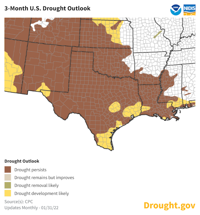 Climate Prediction Center's seasonal drought outlook, predicting where drought is likely to worsen, improve, or remain the same from February 1 to April 30, 2022. Current drought conditions over the western U.S. are forecast to persist.