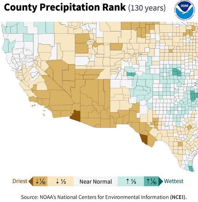 Precipitation over the last year was below normal in much of the Southwest. June–May precipitation ranked in the 10 driest years for every county in Arizona, as well as several in southern California and Nevada and southern New Mexico. Yuma County, Arizona and Presidio County, Texas had their driest June–May on record.
