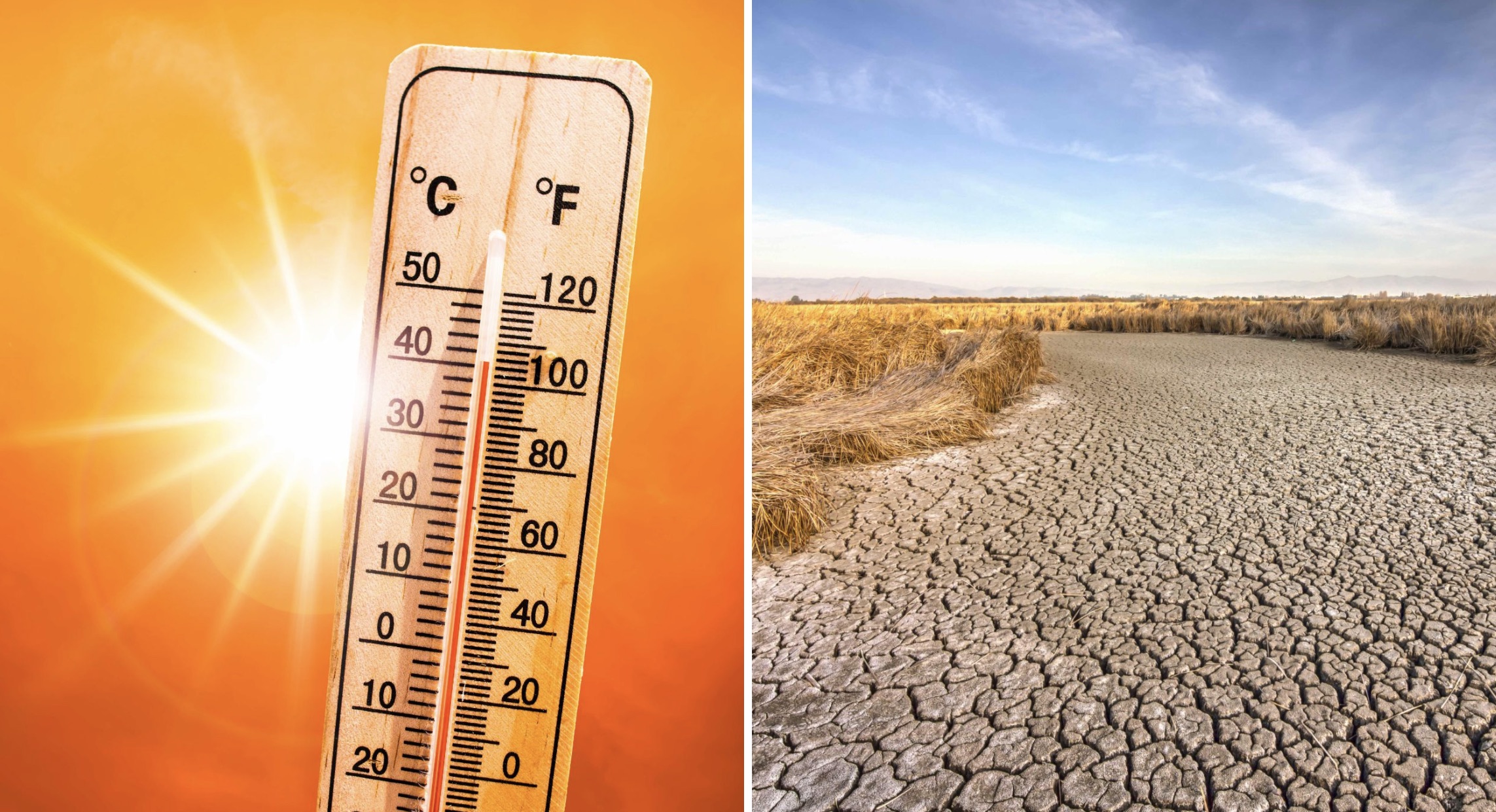 A thermometer showing temperatures over 100 degrees Fahrenheit alongside a dry landscape with cracked soil