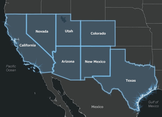 Map of the Southwest U.S. highlighting the states affected by the Southwest Monsoon.