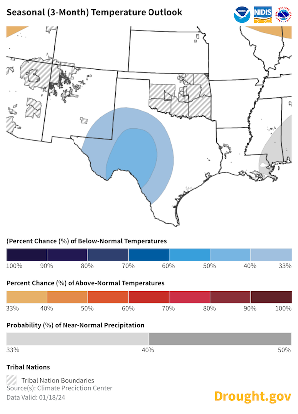 Seasonal temperature outlook for February to April 2024. When focusing on the southern plains, cooler than normal season is likely for Texas’ Big Bend country and Hill country with a 33-50% chance of below normal temperature. Outside of this, there is an equal chance of above or below normal temperatures for the season.