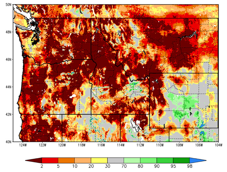 NASA Short-term Prediction and Transition Center – Land Information System (SPoRT-LIS) high resolution gridded 0-10 cm soil moisture percentile.  Much of the Pacific Northwest is below the 5th percentile for this date, which indicates historically significant dry conditions. 