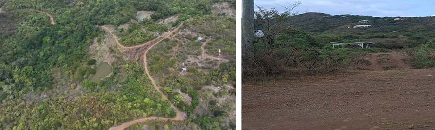 Left: A photo showing ponds that are not full on a St. Thomas farm. Right: A photo  showing dry vegetarian and distressed vegetation on a farm in St. Croix.