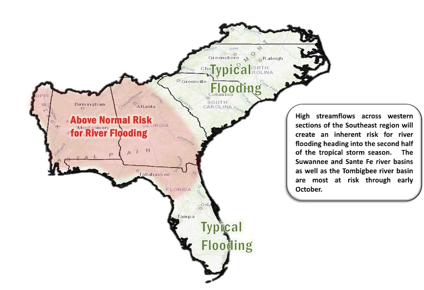 September to November 2021 flood outlook for the Southeast U.S. High streamflows across western sections of the Southeast will create an inherent risk for river flooding heading into the second half of tropical storm season. The Suwannee, Santa Fe, and Tombigbee river basins are most at risk through early October.
