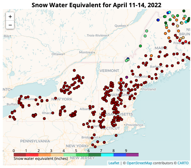 New York and New England Snow Survey Map, showing snow water equivalent (inches) across the region for April 11–14, 2022.