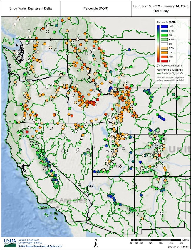 . Over the last 30 days, SWE accumulation was below median at several stations in the Cascades and along the Steens Mountains in southeastern Oregon.