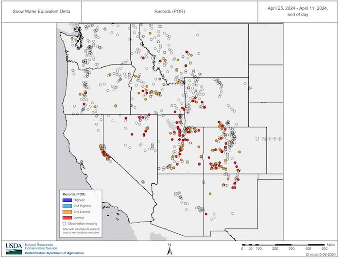 From April 11 to 25, many locations in southwest Colorado and New Mexico experienced record low drops in SWE.