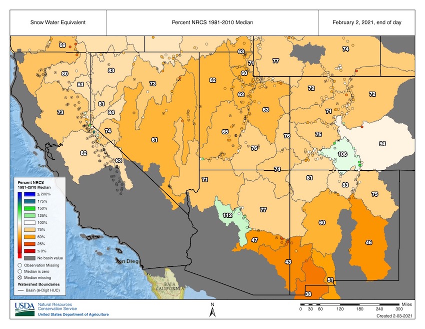 A map of the western U.S. showing the percent of 1981-2020 median snow water equivalent values from the NRCS from 2/2/2021.   SWE in the region is primarily between 50% and 75%, including the Sierras (73-84% at the basin scale%). 