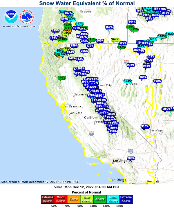 Snow water equivalent at California and Nevada stations as percent of normal for this time of year. All stations in the Sierra Nevada are much above normal, ranging between 200% to 400% for this time of year.