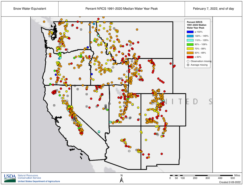 Percentage of median water year peak snow water equivalent (SWE) observed at NRCS SNOTEL and Cooperative sensors as of February 7, 2022 over the western U.S. SWE values at many locations are below 50% of the median peak SWE (shown in red). A few locations in the Pacific Northwest already have SWE values that exceed the median peak SWE (shown in cyan and blue).