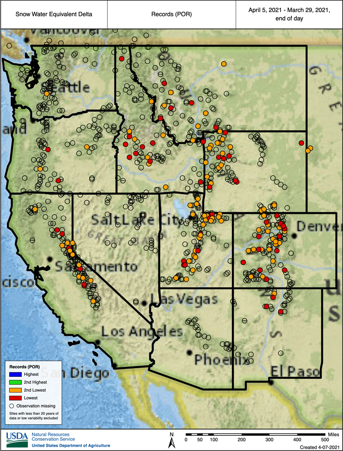 A map of the western US shows NRCS snow water equivalent delta from March 29 to April 5, 2021. Melt rates based on changes in SWE show record or near record SWE declines for the 7-day period for much of the West. 