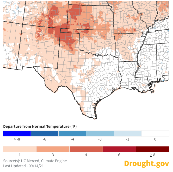 Map of the southern great plains showing the 1-month averaged temperature anomalies as of for the 30 days up to September 14, 2021. Eastern Kansas, and the Oklahoma and Texas panhandles saw 4 degrees F above normal temperatures.