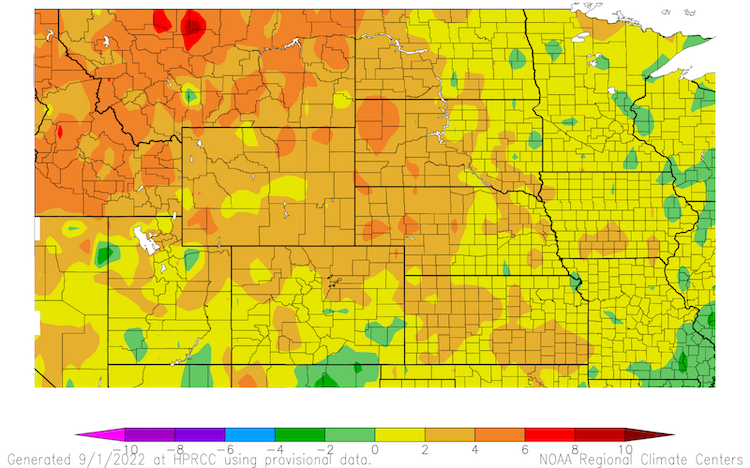 From August 2 to 30, most of the Missouri River Basin experience near-normal to above-normal temperatures.