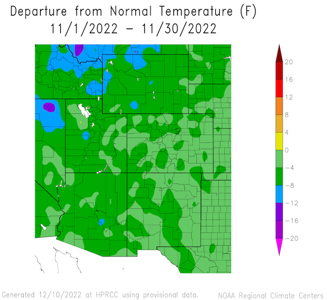 In November 2022, temperatures across the Intermountain West were near- to below-normal.