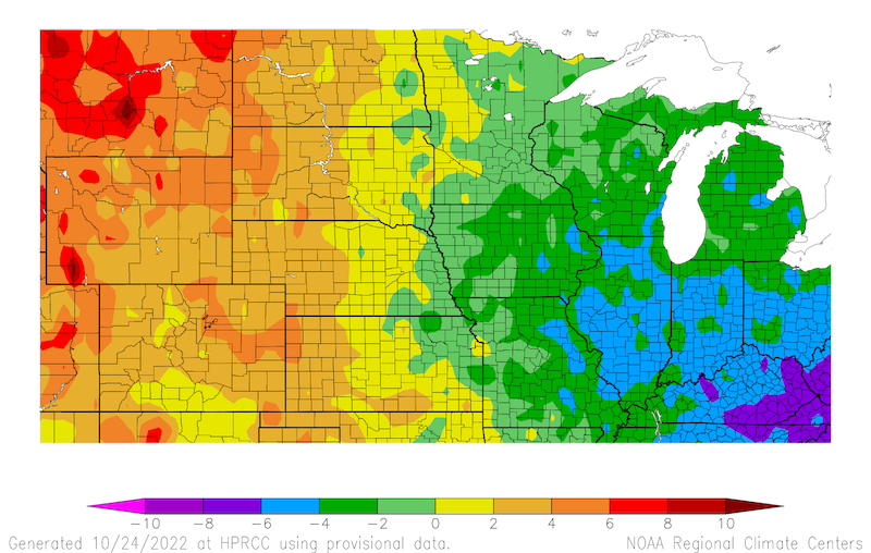 From September 24 to October 23, most of the Midwest had below-normal temperatures, with above-normal temperatures across the Missouri River Basin.