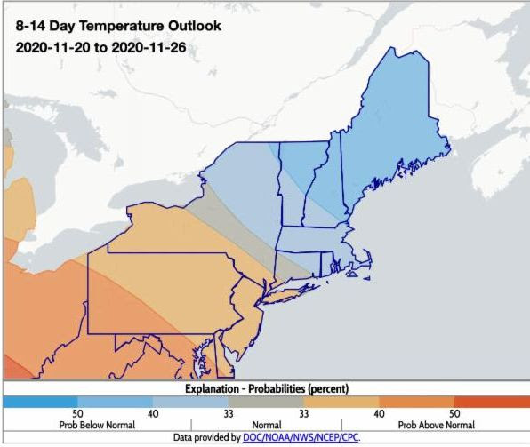 NOAA Climate Prediction Center 8-14 day temperature outlook for the Northeast U.S.