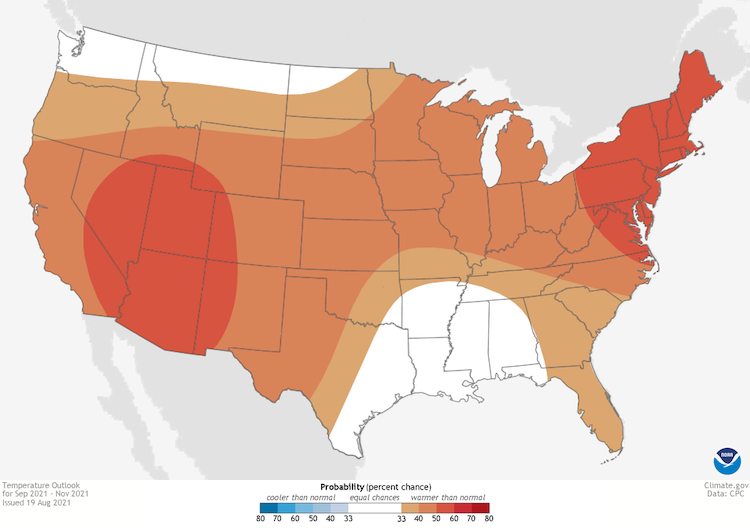 Climate Prediction Center 3-month temperature outlook, valid for September to November 2021. Odds favor above-normal temperatures across much of the Southeast, with equal chances in Alabama and the Florida panhandle.
