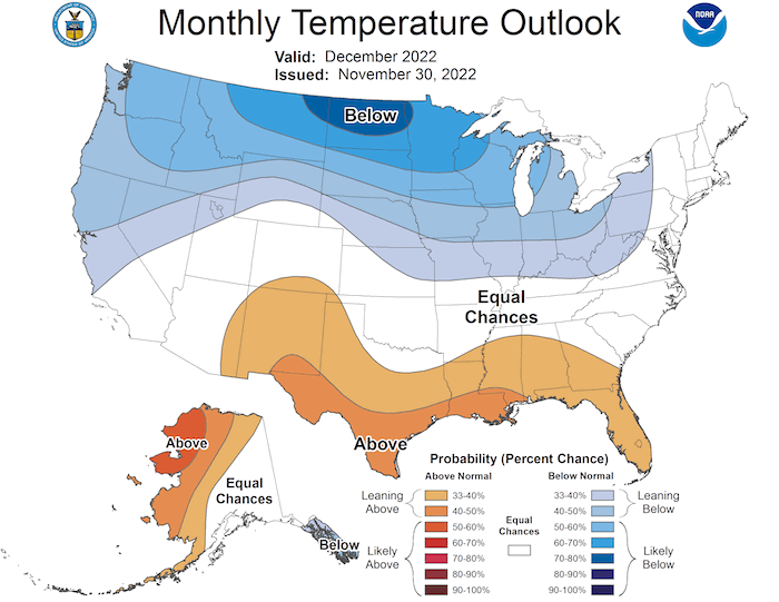 In December 2022, odds favor above-normal temperatures for far-southern Texas and southern New Mexico.