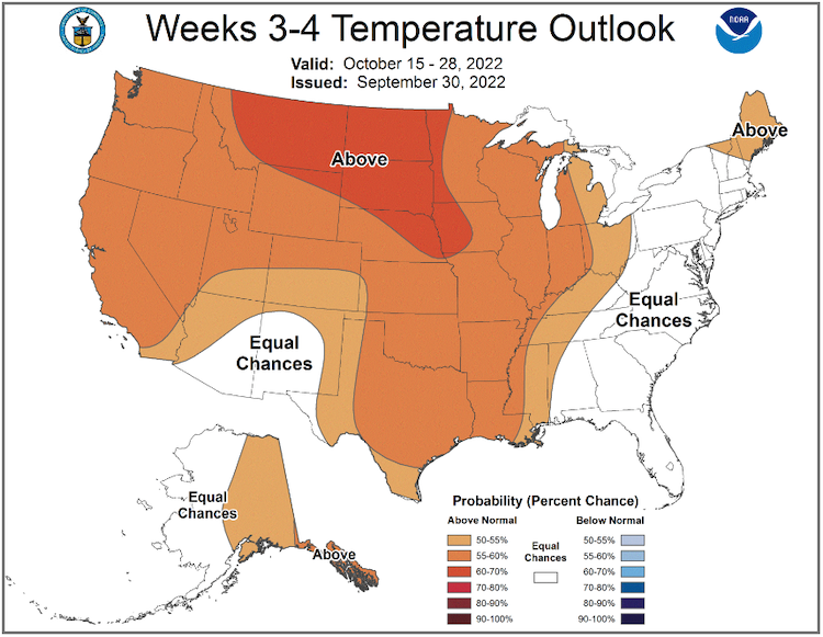 From October 15–28, 2022, odds favor above-normal temperatures for Maine and northern Vermont and New Hampshire, with equal chances elsewhere.