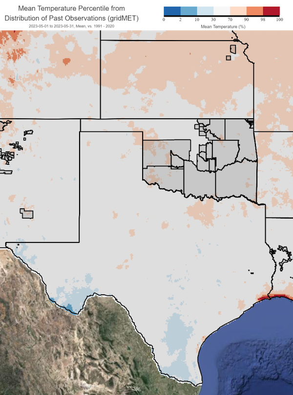 Map of the Southern Plains showing May mean temperature percentiles. May temperatures were near average for the month. 