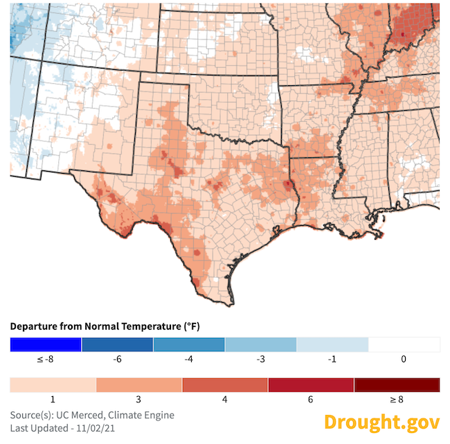 Map of the southern great plains showing the 1-month averaged temperature anomalies for the 30 days leading up to November 4, 2021. Western and northern Texas saw 3 to 4 degrees F above normal temperatures.