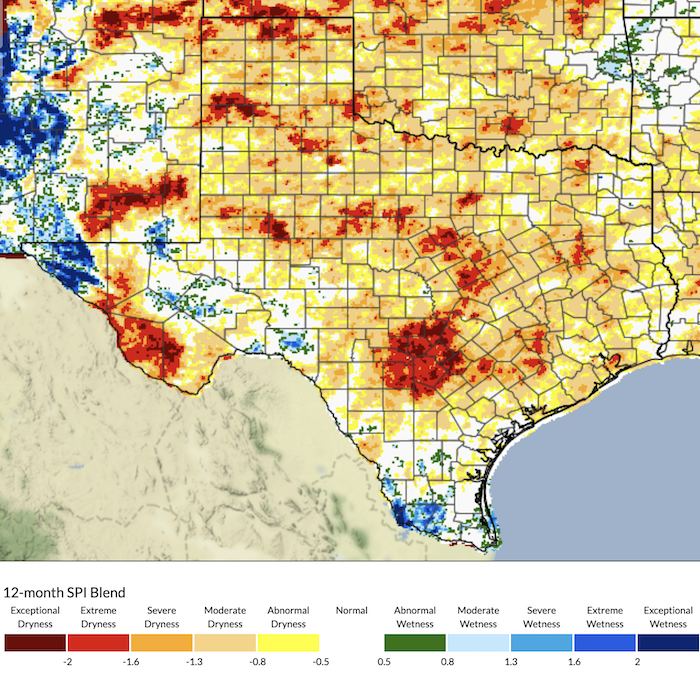 Map of drought intensity in Texas based on a blend of Standardized Precipitation Index values during  the 12-month time frame. Precipitation deficits over the past several months continue to be most severe in south-central Texas and the Texas Panhandle. 