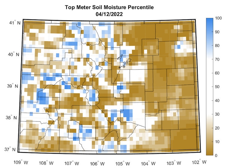 Colorado top meter soil moisture percentiles for April 12, 2022. Soil moisture on the eastern plains is very low.