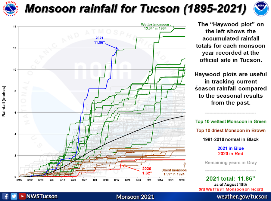 Accumulated rainfall since 15 June 2021 at Tucson, Arizona compared with all historical years, going back to 1895. This monsoon season is the third wettest on record so far.