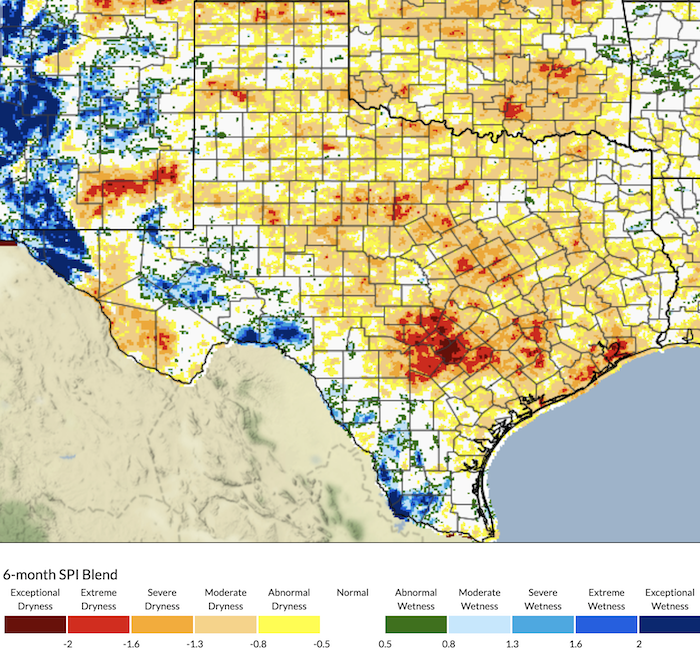 Map of drought intensity in Texas based on a blend of Standardized Precipitation Index values during the three to nine month time frame.