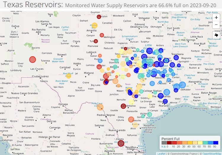 As of September 20, monitored water supply reservoirs in Texas are 66.6% full. Reservoirs in the eastern part of Texas are full or nearly so, while most reservoirs in western Texas are less than half full.