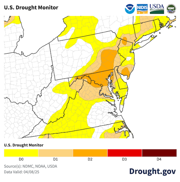 Moderate to Severe Drought persists in parts of Delaware, Maryland, New Jersey, Pennsylvania, Virginia, West Virginia, and Washington D.C. Abnormally Dry (D0) conditions are also present throughout much of the Mid-Atlantic.