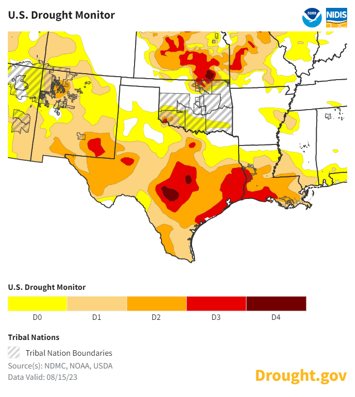 Areas of moderate to exceptional drought are present across Texas and Kansas.