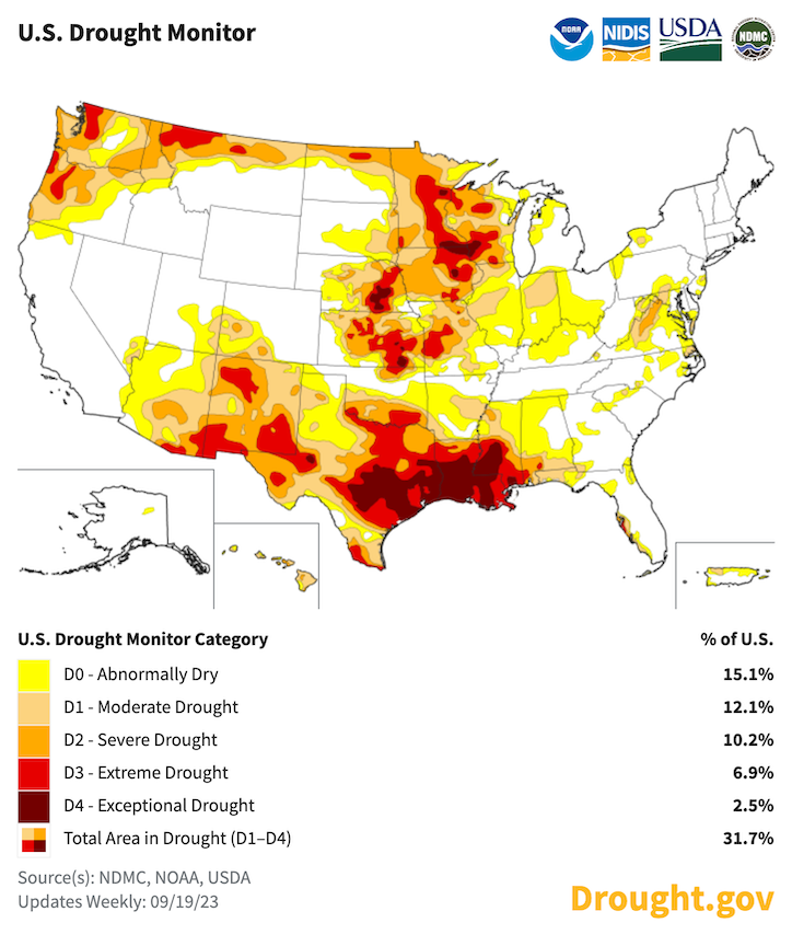 This map shows the U.S. Drought Monitor for the United States for September 19. 2023.