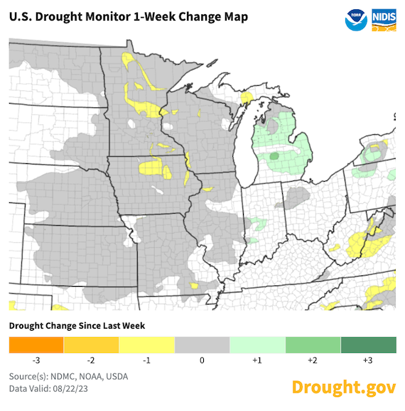 Parts of Minnesota and Iowa have seen 1-category degradations since last week, according to the U.S. Drought Monitor. Meanwhile, much of Michigan saw improvements.